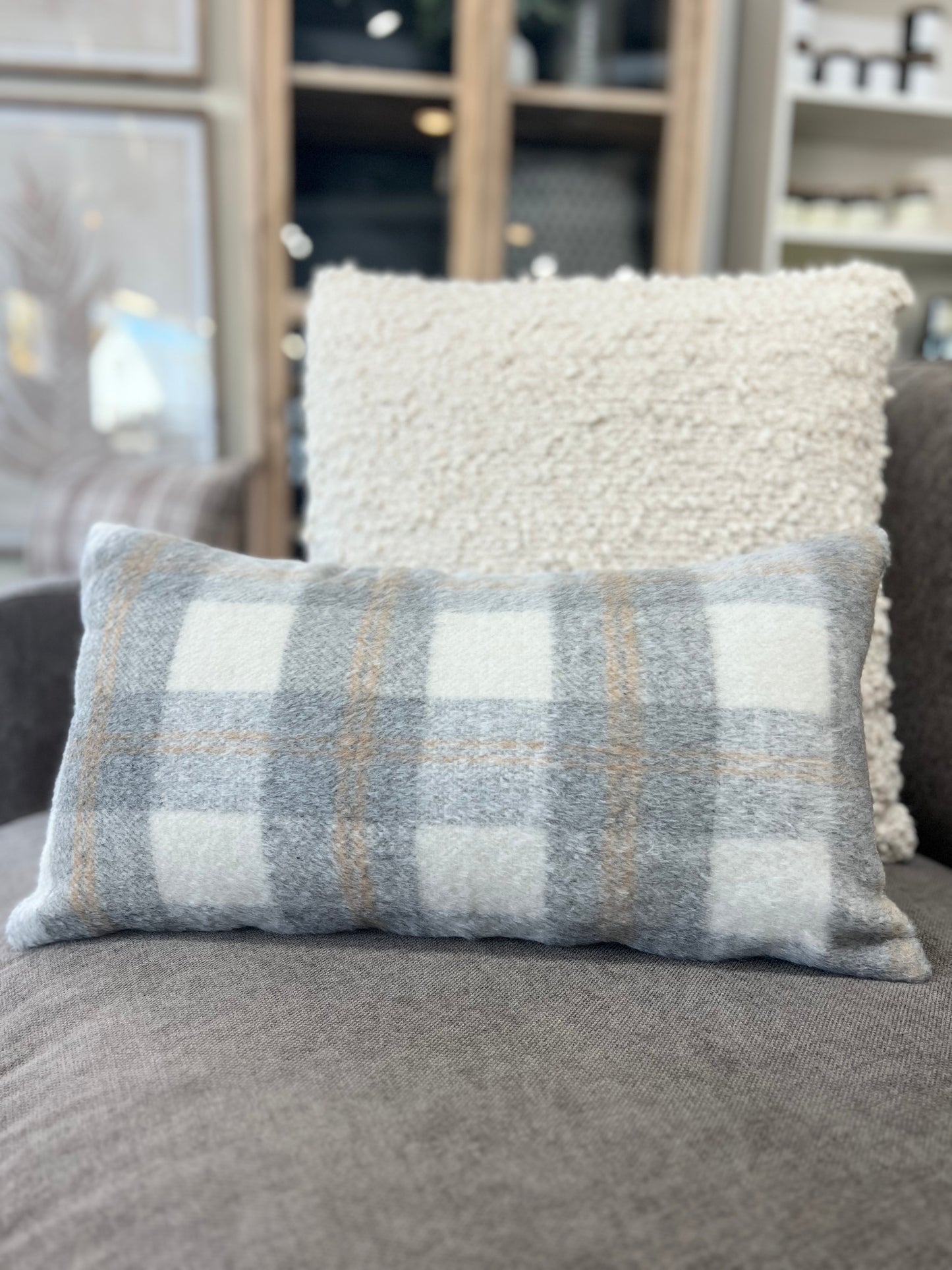 Grey Plaid Lumbar Pillow