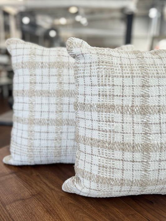 18" Ivory/Beige Plaid Pillow