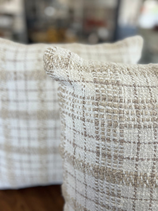 18" Ivory/Beige Plaid Pillow