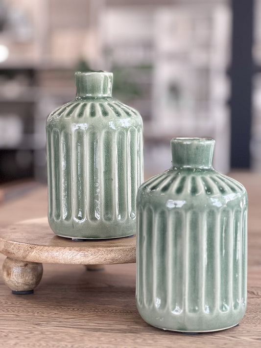 8" Green Ribbed Vase