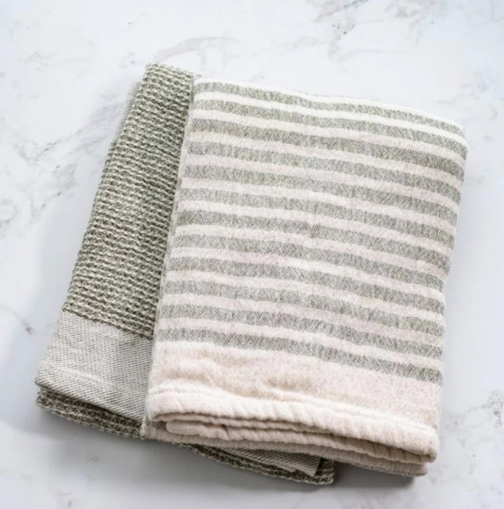 Olive Stripe Waffle Towel Set of Two
